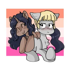 Size: 1383x1311 | Tagged: safe, artist:lolettecore, derpibooru import, oc, ponified, earth pony, pony, unicorn, attack on titan, chest fluff, cute, duo, earth pony oc, eyebrows, eyebrows visible through hair, female, floppy ears, image, lesbian, love, mahogany, png, shading, yelena (attack on titan)