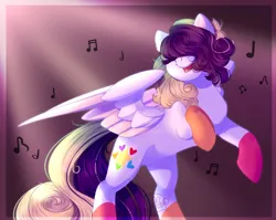 Size: 2895x2307 | Tagged: safe, artist:dinkydoolove, derpibooru import, oc, unofficial characters only, pegasus, pony, coat markings, hair over eyes, high res, image, jpeg, magical lesbian spawn, music notes, offspring, parent:coloratura, parent:songbird serenade, pegasus oc, rearing, singing, socks (coat marking), wings