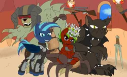 Size: 1024x622 | Tagged: safe, artist:elmutanto, artist:firehearttheinferno, derpibooru import, oc, oc:bloody mary, oc:bloody mary mckillacutty, oc:executioner, oc:metallica, oc:queen bloody mary, oc:slayer, unofficial characters only, anthro, bat pony, earth pony, hellhound, original species, pony, fallout equestria, anti-materiel rifle, armor, armored pony, badlands, blue eyes, bracelet, claws, clothes, cloud, collar, colored, concept art, concept for a fanfic, control visor, crown, desert, dyed mane, fallout, fallout equestria oc, fallout equestria: equestria the beautiful, fallout metal armor, female, fire, glow, glowing eyes, grin, group photo, gun, helmet, hoof on chin, horns, image, jacket, jaws, jewelry, jpeg, leather, leather jacket, looking at you, mad max, male, mohawk, mountain, muscles, muscular female, muscular male, neon, neon mane, piston heads, purple eyes, queen, queen bloody mary's throne, radlands, raider, raiders, red eyes, regalia, rifle, scar, scared, sidehawk, sky, slit pupils, smiling, smirk, spiked armor, spiked collar, spiked wristband, stinger, stone, sword, throne, throne room, torch, tribals, visor, weapon, wings, wristband, yellow eyes