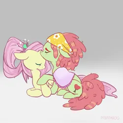 Size: 2048x2048 | Tagged: safe, artist:pfeffaroo, derpibooru import, fluttershy, tree hugger, earth pony, pegasus, pony, g4, duo, female, forehead kiss, high res, image, jpeg, kissing, lesbian, older, older fluttershy, older tree hugger, ship:flutterhugger, shipping