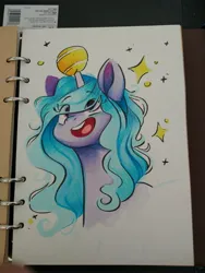 Size: 3000x4000 | Tagged: safe, artist:cutepencilcase, derpibooru import, izzy moonbow, pony, unicorn, g5, ball, bust, cute, eye clipping through hair, female, high res, horn, horn impalement, hornball, image, izzy's tennis ball, izzybetes, jpeg, mare, open mouth, portrait, sketchbook, smiling, solo, tennis ball, traditional art