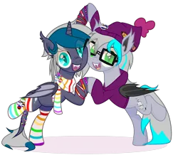 Size: 2372x2071 | Tagged: safe, artist:idkhesoff, derpibooru import, oc, oc:batilla, oc:elizabat stormfeather, unofficial characters only, alicorn, bat pony, bat pony alicorn, pony, alicorn oc, asexual pride flag, bat pony oc, bat wings, beanie, bisexual pride flag, bracelet, clothes, derpibooru exclusive, duo, ear piercing, earring, fangs, female, freckles, gay pride flag, genderfluid pride flag, glasses, hat, high res, hoodie, horn, image, jewelry, leonine tail, lesbian pride flag, mare, nonbinary pride flag, open mouth, pencil, piercing, png, pride, pride flag, rainbow socks, scarf, simple background, socks, striped socks, tail, transparent background, wings, wristband