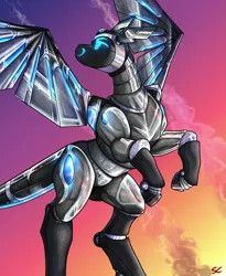 Size: 7087x8661 | Tagged: safe, artist:sourcherry, derpibooru import, oc, oc:amika, ponified, unofficial characters only, cyborg, original species, plane pony, pony, robot, robot pony, absurd resolution, glass, image, looking up, metal, plane, png, protogen, rearing, smiling, solo, spread wings, wings