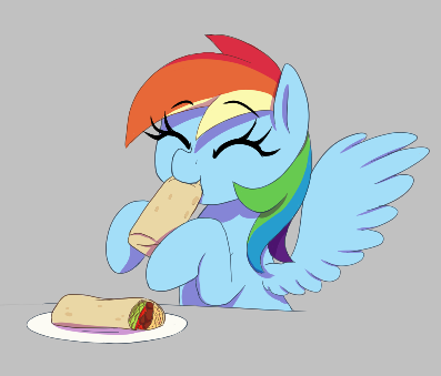 Size: 397x339 | Tagged: safe, artist:thebatfang, derpibooru import, rainbow dash, pegasus, pony, g4, aggie.io, burrito, cute, dashabetes, eating, eyes closed, female, food, image, mare, plate, png, simple background, sitting, smiling, solo, spread wings, wings