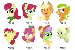 Size: 1664x1113 | Tagged: safe, artist:luansh, derpibooru import, apple bloom, apple bumpkin, apple dumpling, apple leaves, apple rose, applejack, auntie applesauce, granny smith, earth pony, pony, g4, apple family member, bow, chinese text, emotional spectrum, facial freckles, female, filly, foal, freckles, hair bow, headband, image, jpeg, mare, moon runes, neckerchief, simple background, white background, young granny smith, younger