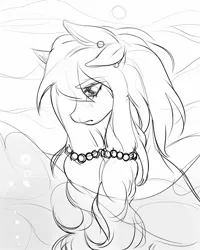 Size: 1333x1666 | Tagged: safe, artist:miioko, derpibooru import, oc, unofficial characters only, earth pony, pony, ear piercing, earth pony oc, female, frown, image, jpeg, lineart, mare, monochrome, piercing, solo