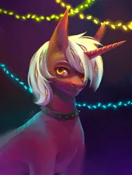 Size: 1620x2160 | Tagged: safe, artist:miurimau, derpibooru import, oc, unofficial characters only, pony, unicorn, choker, christmas, christmas lights, eyes do not belong there, holiday, horn, image, jpeg, solo, spiked choker, unicorn oc