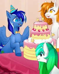 Size: 3276x4096 | Tagged: safe, artist:buvanybu, derpibooru import, oc, oc:gumdrop, oc:rising dawn, unofficial characters only, pegasus, pony, cake, food, image, jpeg, trio