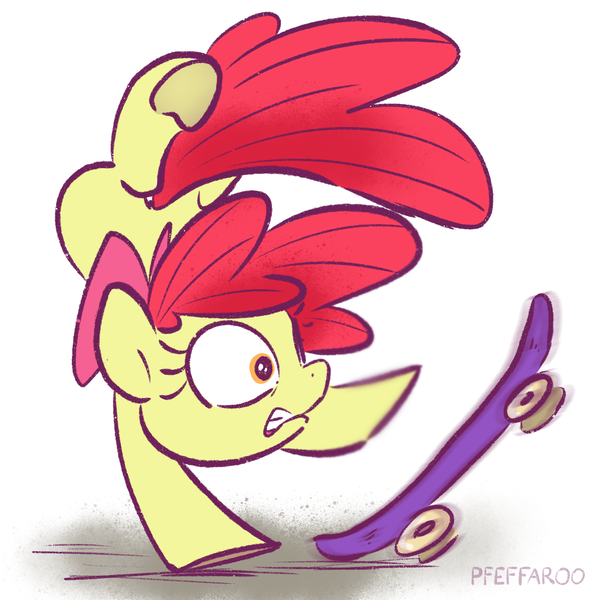 Size: 2048x2048 | Tagged: safe, artist:pfeffaroo, derpibooru import, apple bloom, earth pony, pony, g4, fail, high res, image, png, simple background, skateboard, solo, white background