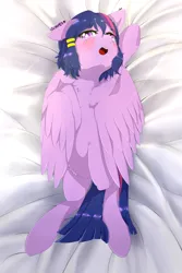 Size: 1280x1920 | Tagged: safe, artist:nihithebrony, derpibooru import, oc, oc:summer, unofficial characters only, pegasus, pony, belly fluff, blushing, body pillow, body pillow design, chest fluff, female, formerly twilight sparkle, image, lying down, not twilight sparkle, on back, one ear down, open mouth, pegasus oc, png, solo, tulpa, wings