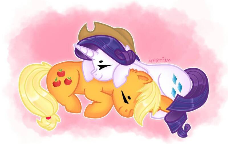 Size: 937x595 | Tagged: safe, artist:meqiopeach, derpibooru import, applejack, rarity, earth pony, pony, unicorn, g4, accessory swap, applejack's hat, cowboy hat, cuddling, cute, duo, eyes closed, female, hat, image, jackabetes, jpeg, lesbian, raribetes, rarijack, shipping, smiling