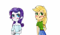 Size: 1280x750 | Tagged: safe, artist:meqiopeach, derpibooru import, applejack, rarity, human, equestria girls, g4, blushing, clothes, duo, female, image, jpeg, lesbian, rarijack, shipping, simple background, smiling, white background