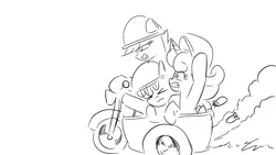 Size: 1280x720 | Tagged: safe, artist:truffle shine, derpibooru import, apple bloom, scootaloo, sweetie belle, earth pony, pegasus, pony, unicorn, g4, black and white, cutie mark crusaders, grayscale, helmet, image, monochrome, mortar, motor trike, png, red alert 2, simple background, sketch, trio, vehicle, white background