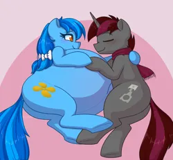 Size: 1757x1620 | Tagged: suggestive, artist:puetsua, derpibooru import, oc, oc:aneroid hydrolock, oc:marine grade, unofficial characters only, earth pony, pony, unicorn, belly, big belly, blushing, butt, commission, digital art, duo, eyes closed, female, horn, huge belly, hyper, hyper belly, hyper pregnancy, image, impossibly large belly, male, mare, oc x oc, plot, png, pregnant, shipping, side view, simple background, stallion, straight, tail