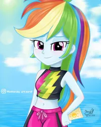 Size: 652x815 | Tagged: safe, artist:fluttershy_art.nurul, derpibooru import, rainbow dash, equestria girls, g4, beach, beautiful, belly button, blushing, clothes, cloud, cute, equestria girls specials, image, jpeg, multicolored hair, my little pony equestria girls: better together, my little pony equestria girls: forgotten friendship, rainbow hair, shy, sleeveless, sun, swimming trunks, swimsuit, water