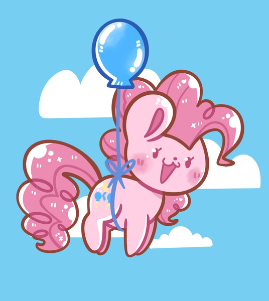 Size: 983x1101 | Tagged: safe, artist:typhwosion, derpibooru import, pinkie pie, earth pony, pony, g4, :3, balloon, beady eyes, chibi, cloud, floating, flying, image, looking at you, png, sky background, smiling, solo, then watch her balloons lift her up to the sky