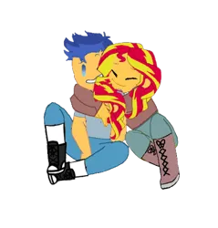 Size: 488x511 | Tagged: safe, artist:decokenite, derpibooru import, flash sentry, sunset shimmer, human, equestria girls, g4, base used, boots, clothes, eyes closed, female, flashimmer, hug, hug from behind, image, looking at someone, male, photo, png, shipping, shirt, shoes, simple background, straight, sweater, t-shirt, transparent background