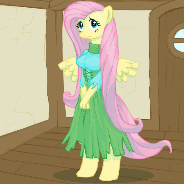 Size: 800x800 | Tagged: safe, artist:lonelyworld, derpibooru import, fluttershy, anthro, pegasus, pony, unguligrade anthro, g4, breasts, clipped wings, clothes, commission, door, dress, female, hands together, image, indoors, mare, png, sad, solo, spread wings, torn clothes, wings