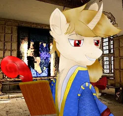 Size: 2314x2190 | Tagged: safe, artist:uncreative, derpibooru import, oc, oc:regal inkwell, unofficial characters only, pony, unicorn, chest fluff, clipboard, clothes, curved horn, doublet, ear fluff, high res, horn, image, male, medieval, nobility, png, quill, smug, solo, stallion