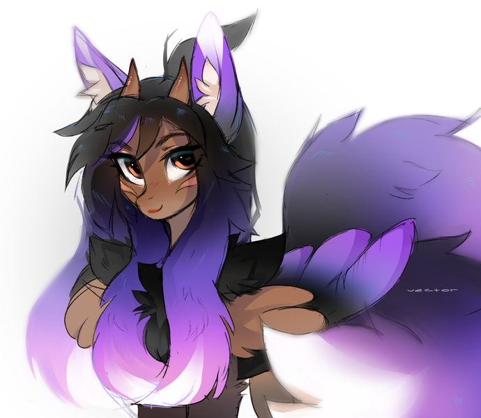 Size: 2300x2000 | Tagged: safe, artist:zlatavector, derpibooru import, oc, oc:alexus nictivia, unofficial characters only, hybrid, pegasus, pony, chest fluff, clothes, colored wings, commission, eyebrows, eyebrows visible through hair, feathered wings, female, high res, horns, image, long ears, looking at you, mare, multiple tails, png, sketch, socks, solo, spread wings, tail, thigh highs, two tails, two toned wings, wings