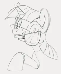 Size: 543x659 | Tagged: safe, artist:dotkwa, derpibooru import, twilight sparkle, pony, unicorn, g4, bust, female, glasses, grayscale, image, knife, looking at you, mare, monochrome, mouth hold, open mouth, png, sketch, solo, unicorn twilight