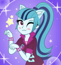 Size: 1599x1707 | Tagged: safe, artist:kingdark0001, derpibooru import, sonata dusk, human, equestria girls, g4, ;3, blushing, cat ears, cute, female, image, looking at you, one eye closed, png, solo, sonatabetes, sonyata dusk, sparkles, stars, wink, winking at you