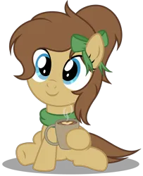 Size: 2930x3600 | Tagged: safe, artist:strategypony, derpibooru import, oc, oc:mocha latte, unofficial characters only, earth pony, pony, brown mane, clothes, coffee, coffee mug, cute, earth pony oc, female, filly, foal, high res, image, mug, png, ribbon, scarf, simple background, transparent background