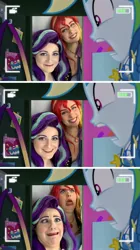 Size: 1255x2246 | Tagged: safe, artist:maddymoiselle, artist:sarahndipity cosplay, derpibooru import, edit, edited screencap, screencap, rainbow dash, starlight glimmer, sunset shimmer, human, pegasus, pony, do it for the ponygram!, equestria girls, equestria girls series, g4, spoiler:eqg series (season 2), clothes, cosplay, costume, faic, image, irl, irl human, jpeg, my little pony equestria girls: better together, photo, rainbow dash's prank fail