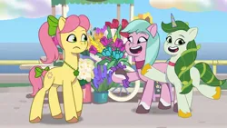 Size: 1920x1081 | Tagged: safe, derpibooru import, edit, edited screencap, editor:luckydog416, screencap, posey (g5), g5, my little pony: tell your tale, bouquet of flowers, dahlia, flower, image, jpeg, neighfever, 莉芙