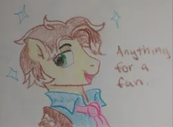 Size: 2048x1511 | Tagged: safe, artist:pony quarantine, derpibooru import, feather bangs, earth pony, pony, g4, bust, clothes, cosplay, costume, crayon drawing, friday night funkin', image, jpeg, male, necktie, senpai, solo, sparkles, stallion, talking to viewer, traditional art