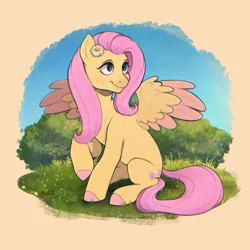 Size: 3100x3100 | Tagged: safe, artist:birdoffnorth, derpibooru import, fluttershy, pegasus, pony, g4, chromatic aberration, colored hooves, colored wings, colored wingtips, cute, female, flower, flower in hair, forest, grass, hair, high res, image, mare, pink hair, pink tail, png, raised hoof, shyabetes, sitting, smiling, solo, spread wings, tail, tree, wings