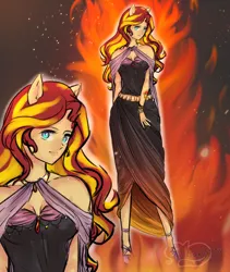 Size: 3464x4100 | Tagged: safe, artist:tatsuk0, derpibooru import, sunset shimmer, human, equestria girls, g4, anime style, bare shoulders, clothes, dress, eared humanization, female, fiery shimmer, fire, high res, humanized, image, png, pony ears, solo