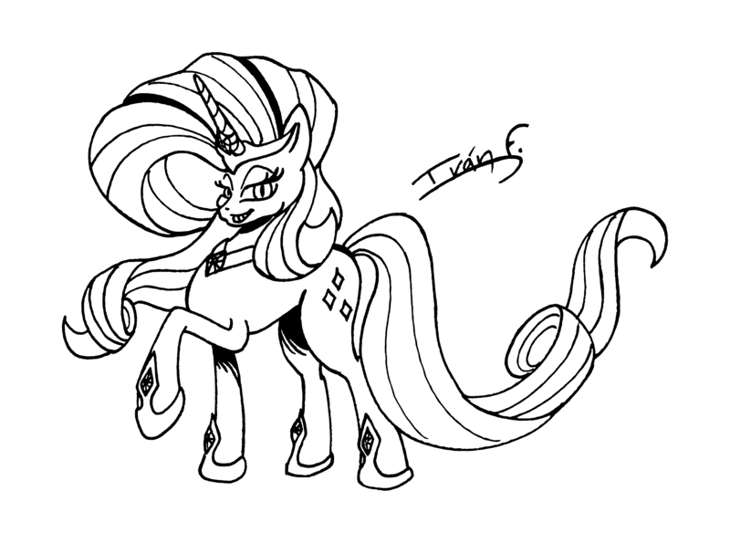 Size: 4468x3321 | Tagged: safe, artist:memprices, derpibooru import, nightmare rarity, pony, unicorn, g4, black and white, doodle, drawing, evil grin, female, grayscale, grin, high res, horn, image, looking at you, mare, monochrome, png, raised hoof, signature, simple background, sketch, smiling, traditional art, white background