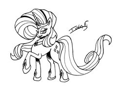 Size: 4468x3321 | Tagged: safe, artist:memprices, derpibooru import, nightmare rarity, pony, unicorn, g4, black and white, doodle, drawing, evil grin, female, grayscale, grin, high res, horn, image, looking at you, mare, monochrome, png, raised hoof, signature, simple background, sketch, smiling, traditional art, white background