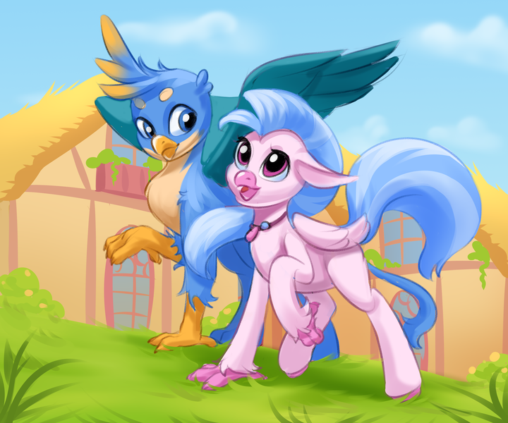 Size: 3000x2500 | Tagged: safe, alternate version, artist:kittytitikitty, derpibooru import, gallus, silverstream, gryphon, hippogriff, g4, 2022, cute, diastreamies, digital art, equestria, female, gallabetes, gallstream, grass, high res, image, jewelry, looking at each other, looking at someone, male, necklace, png, ponyville, shipping, spread wings, straight, talons, walking, wings