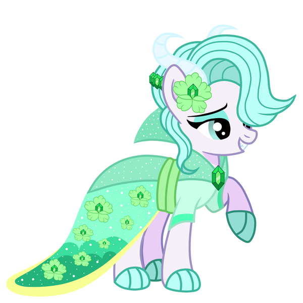 Size: 1000x1000 | Tagged: safe, artist:thenightowl69, derpibooru import, oc, oc:emerald turquoise, unofficial characters only, dracony, hybrid, base used, clothes, dress, eyeshadow, female, flower, full body, grin, hair over one eye, image, interspecies offspring, lidded eyes, makeup, offspring, parent:rarity, parent:spike, parents:sparity, png, raised hoof, simple background, smiling, solo, standing, white background