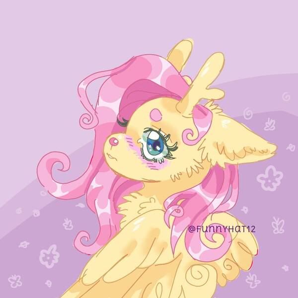 Size: 1000x1000 | Tagged: safe, artist:funnyhat12, derpibooru import, fluttershy, deer, deer pony, original species, peryton, g4, blushing, cheek fluff, chest fluff, deerified, doe, ear fluff, female, fluffy, flutterdeer, image, jpeg, signature, solo, species swap