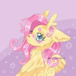 Size: 1000x1000 | Tagged: safe, artist:funnyhat12, derpibooru import, fluttershy, deer, deer pony, original species, peryton, g4, blushing, cheek fluff, chest fluff, deerified, doe, ear fluff, female, fluffy, flutterdeer, image, jpeg, signature, solo, species swap