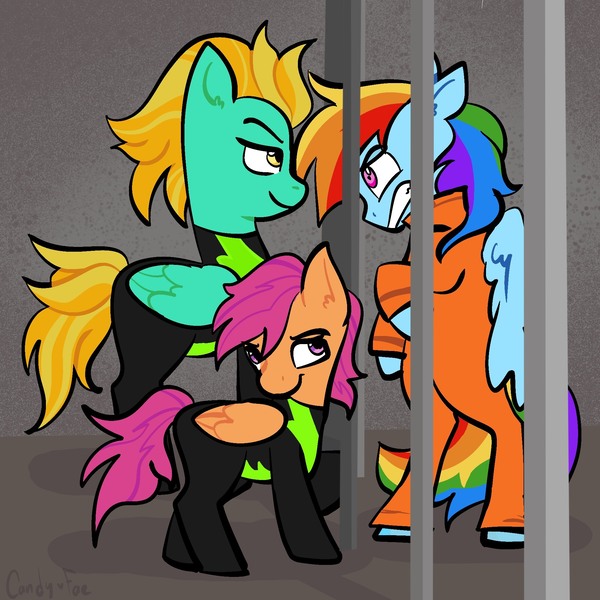 Size: 2000x2000 | Tagged: safe, artist:carconutty, derpibooru import, lightning dust, rainbow dash, scootaloo, pegasus, pony, g4, alternate universe, angry, clothes, gloating, high res, image, jpeg, mocking, prison outfit, prisoner, prisoner rd, smiling, smirk, taunting, uniform, washouts uniform