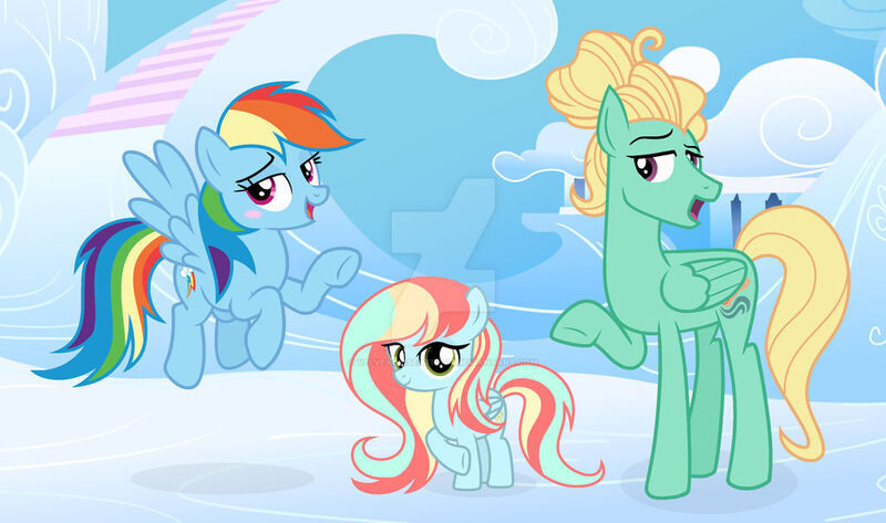 Size: 1024x606 | Tagged: safe, artist:velveagicsentryyt, derpibooru import, rainbow dash, zephyr breeze, oc, oc:cloudee, pegasus, pony, g4, female, filly, foal, image, jpeg, male, offspring, parent:rainbow dash, parent:zephyr breeze, parents:zephdash, ship:zephdash, shipping, straight