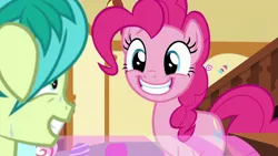 Size: 1280x720 | Tagged: safe, derpibooru import, screencap, pinkie pie, sandbar, earth pony, pony, g4, school daze, blue eyes, cute, diapinkes, duo, female, foal, friendship student, grin, happy, image, male, mare, png, smiling, sugarcube corner, sweat, teenager