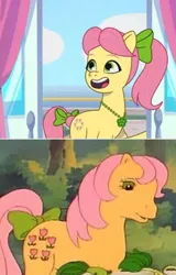 Size: 504x786 | Tagged: safe, derpibooru import, edit, screencap, posey, posey (g5), earth pony, pony, g1, g5, mane melody, my little pony: tell your tale, spoiler:g5, spoiler:my little pony: tell your tale, spoiler:tyts01e05, bow, comparison, female, g1 to g5, generation leap, hair bow, image, jewelry, jpeg, mare, necklace, ponytail, tail, tail bow