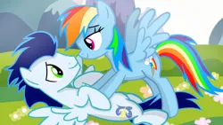 Size: 1280x720 | Tagged: safe, artist:mlplary6, derpibooru import, rainbow dash, soarin', pegasus, pony, g4, backwards cutie mark, boyfriend and girlfriend, female, image, looking at each other, looking at someone, male, mare, png, shipping, smiling, smiling at each other, soarindash, stallion, straight