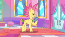 Size: 1600x900 | Tagged: safe, derpibooru import, screencap, posey (g5), earth pony, pony, g5, mane melody, my little pony: tell your tale, spoiler:g5, spoiler:my little pony: tell your tale, spoiler:tyts01e05, alternate hairstyle, bow, dissatisfied, female, image, jewelry, mare, mobile phone, necklace, phone, png, salon, smartphone, solo, tail, tail bow, youtube link