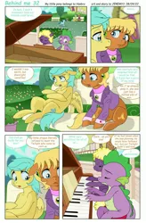 Size: 1535x2338 | Tagged: safe, artist:jeremy3, derpibooru import, ms. harshwhinny, spike, sunshower raindrops, oc, oc:valentine, dragon, earth pony, pegasus, pony, comic:behind me, g4, alternate universe, bench, clothes, comic, house, image, jpeg, musical instrument, piano, ponyville