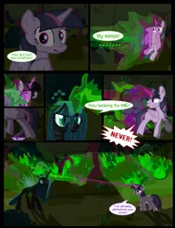 Size: 1042x1358 | Tagged: safe, artist:dendoctor, derpibooru import, mean twilight sparkle, queen chrysalis, twilight sparkle, twilight sparkle (alicorn), alicorn, changeling, pony, comic:clone.., g4, alternate universe, beam struggle, clone, comic, energy blast, female, fire, glow, glowing horn, green fire, horn, image, jpeg, magic, shield, tree