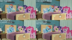 Size: 1280x720 | Tagged: safe, derpibooru import, edit, edited screencap, editor:quoterific, screencap, fluttershy, pinkie pie, rainbow dash, twilight sparkle, earth pony, pegasus, pony, unicorn, g4, read it and weep, season 2, eyes closed, female, image, jpeg, mare, open mouth, ponyville hospital, spread wings, text, unicorn twilight, wings