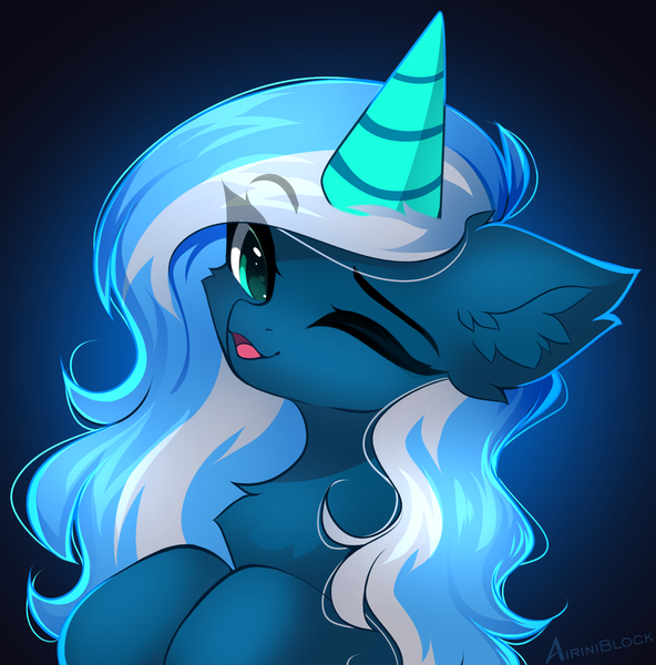 Size: 1755x1780 | Tagged: safe, artist:airiniblock, derpibooru import, oc, oc:vivid tone, unofficial characters only, pegasus, pony, bust, chest fluff, ear fluff, eye clipping through hair, eyebrows, eyebrows visible through hair, eyelashes, gift art, gradient background, icon, image, one eye closed, open mouth, pegasus oc, png, present, rcf community, signature, solo, wings, wink