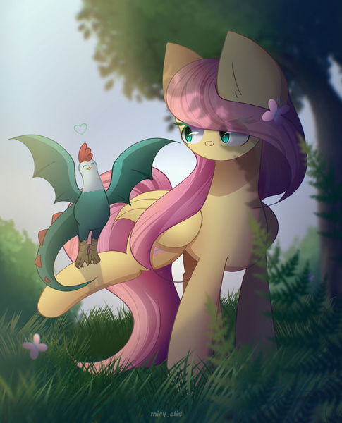 Size: 1900x2350 | Tagged: safe, artist:miryelis, derpibooru import, fluttershy, butterfly, cockatrice, insect, pegasus, pony, g4, stare master, cute, daaaaaaaaaaaw, female, full body, grass, image, jpeg, long hair, mare, raised leg, shyabetes, smiling, solo, standing, tail, wings