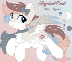 Size: 1319x1130 | Tagged: safe, artist:hioshiru, derpibooru import, oc, oc:hazelnut frost, unofficial characters only, pegasus, pony, bow, chest fluff, clothes, cute, donut, eye clipping through hair, female, food, hair bow, image, leg fluff, looking at you, mare, multicolored mane, multicolored tail, pegasus oc, png, reference sheet, scarf, smiling, smiling at you, solo, spread wings, tail, three toned mane, three toned tail, wings